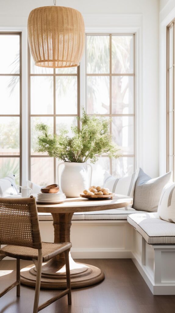 A neutral modern farmhouse breakfast sunroom.