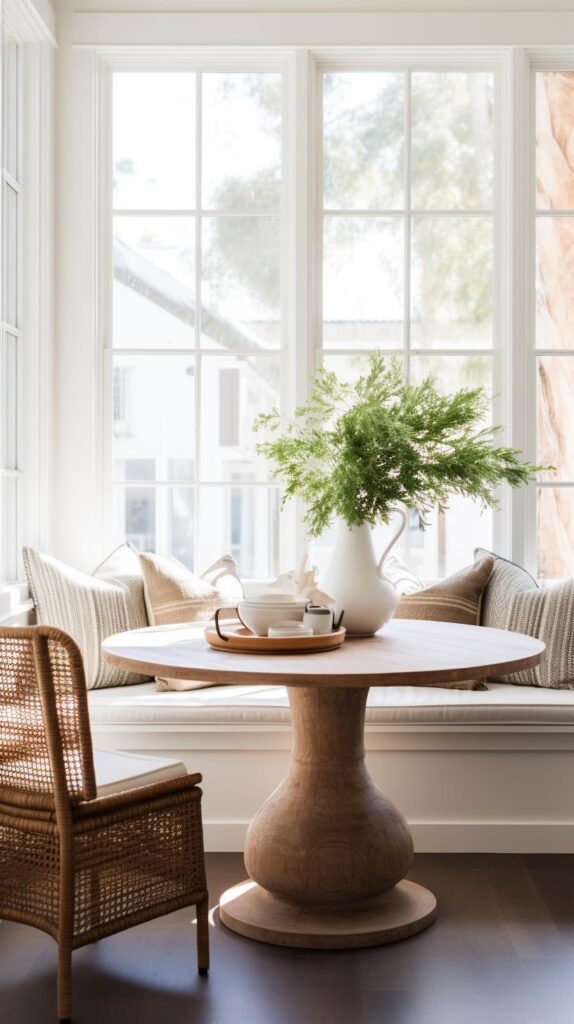 A neutral modern farmhouse kitchen nook.