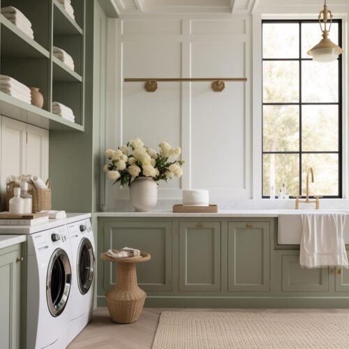 An olive luxury modern farmhouse laundry room.