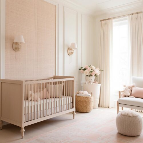 A luxury pink and cream nursery baby room with a natural wood crib.