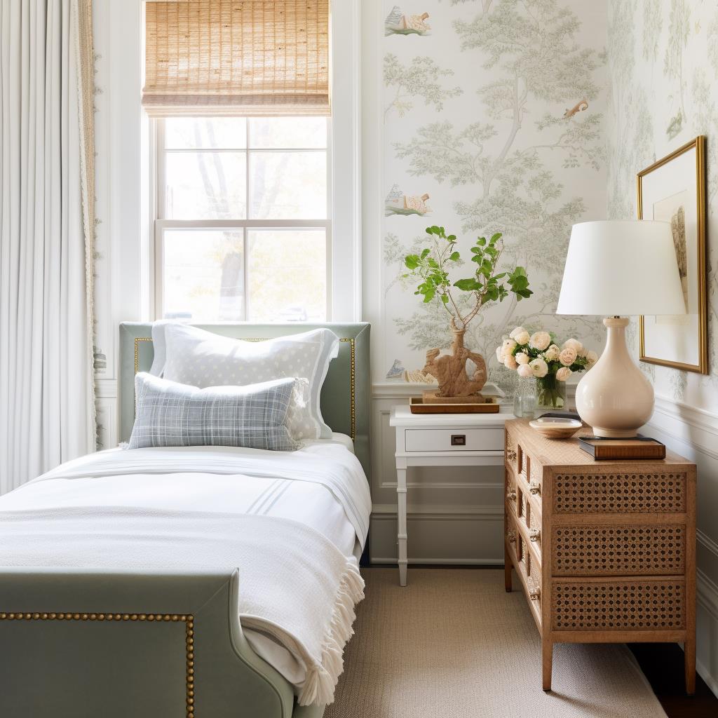 A small English bedroom with green floral wallpaper.