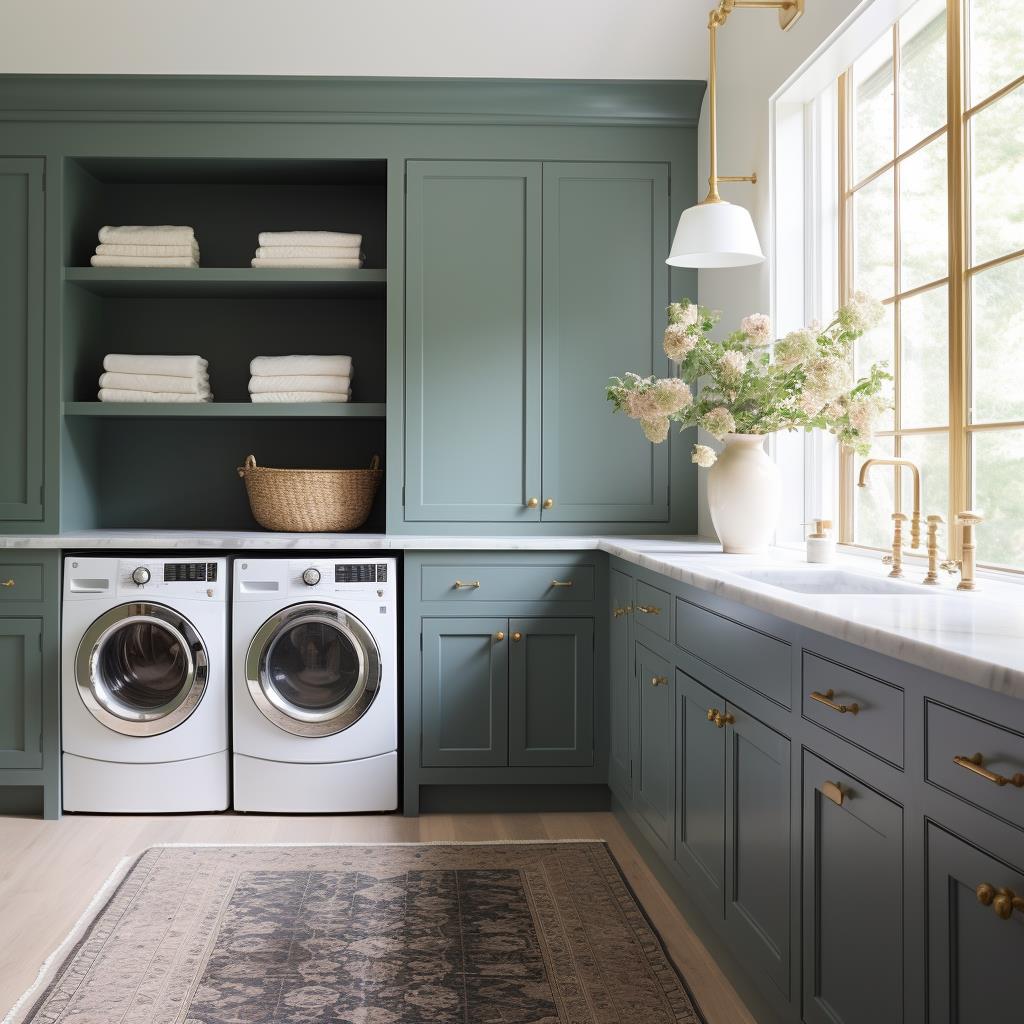 A spacious modern farmhouse laundry room with muted teal cabinets.