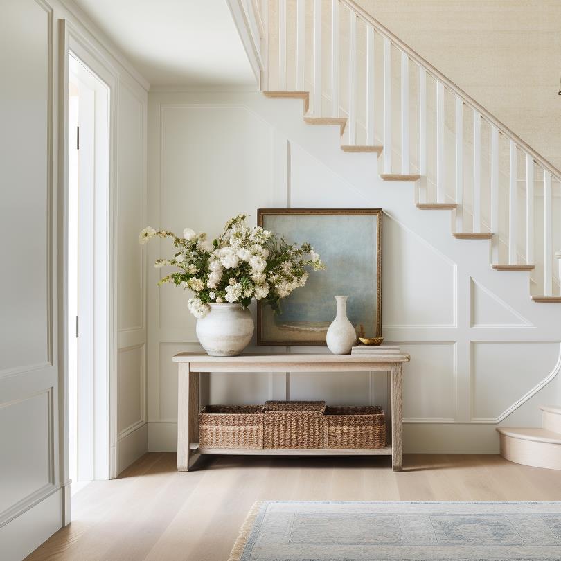 A white coastal foyer with console table.