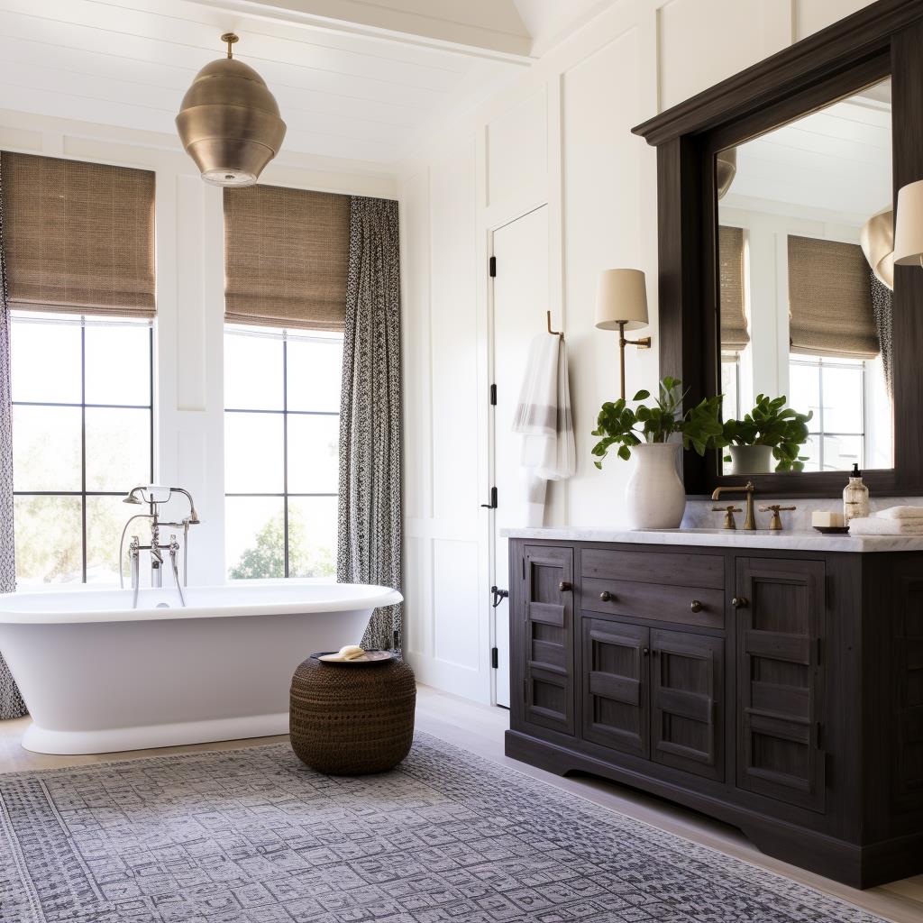 A white modern country farmhouse master bathroom with a dark wood vanity.