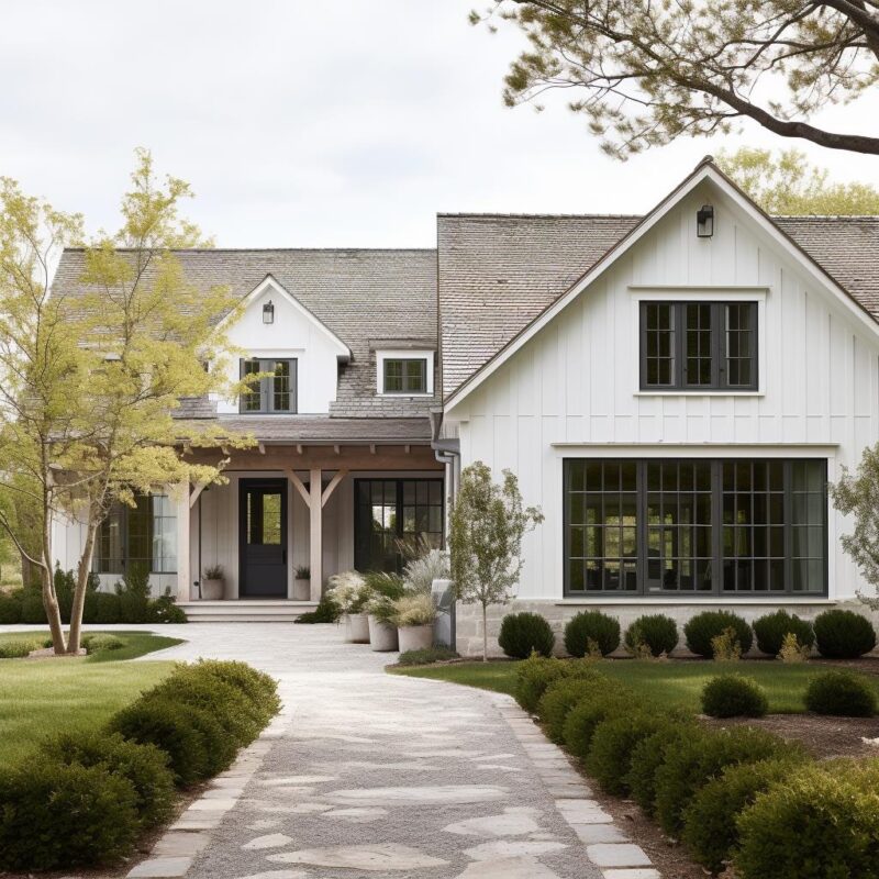 A white modern country farmhouse exterior.