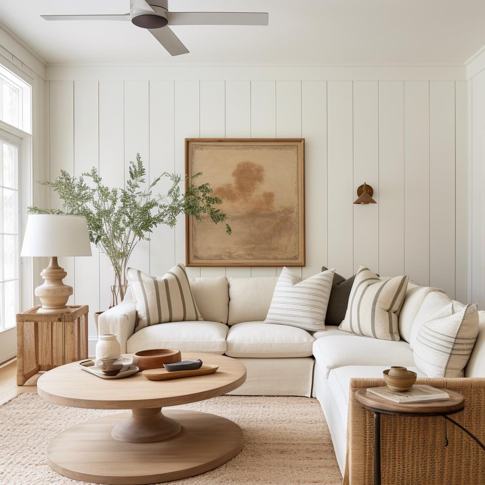 A white paneled coastal living room with a white sectional.