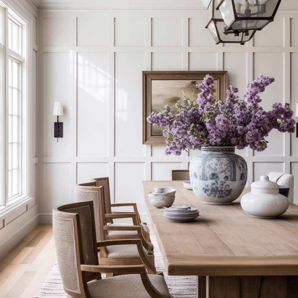 A white paneled modern country farmhouse dining room.