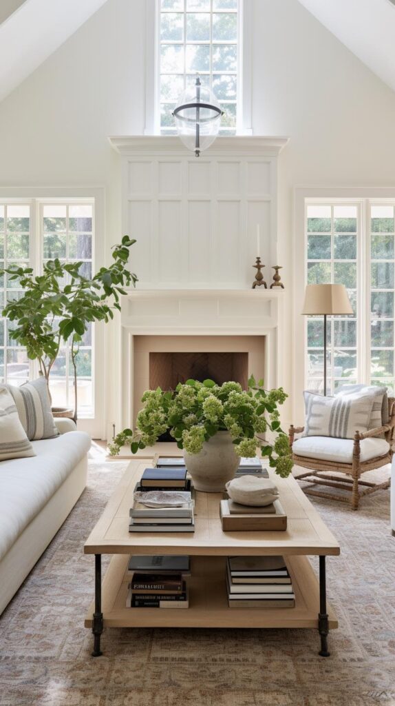 An airy cottage living room with a fireplace.