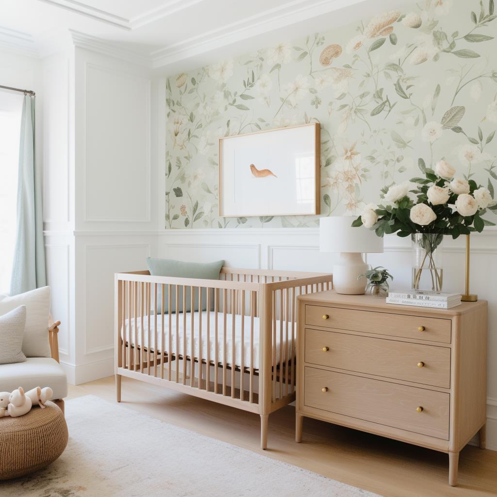A baby nursery with natural wood furniture.