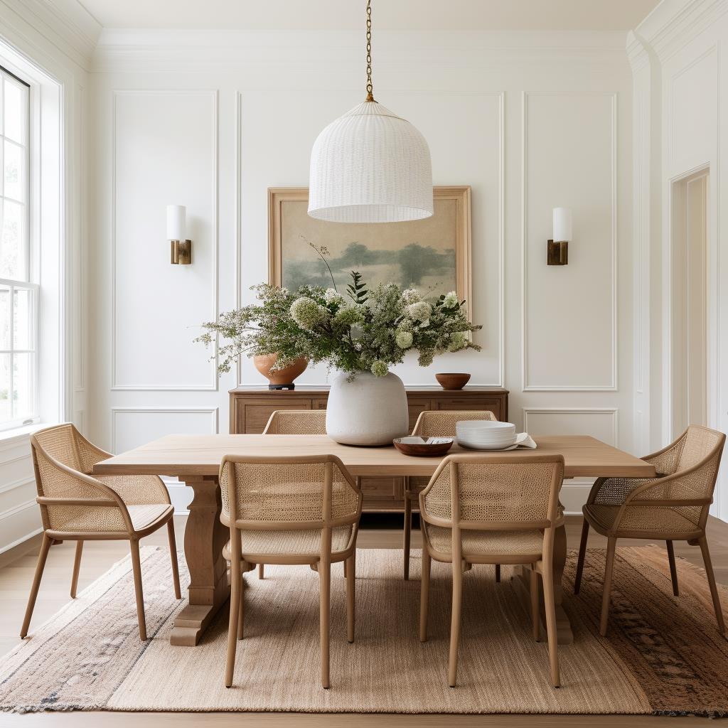 A beautiful modern colonial dining room with cane dining chairs.