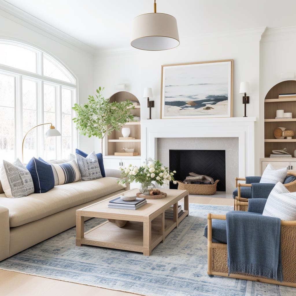 A blue and white modern colonial family room.