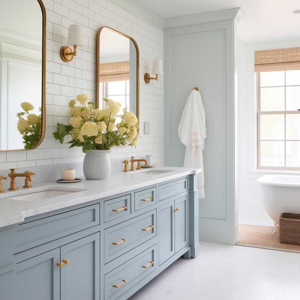 A coastal living master bathroom with light blue bathroom vanity.