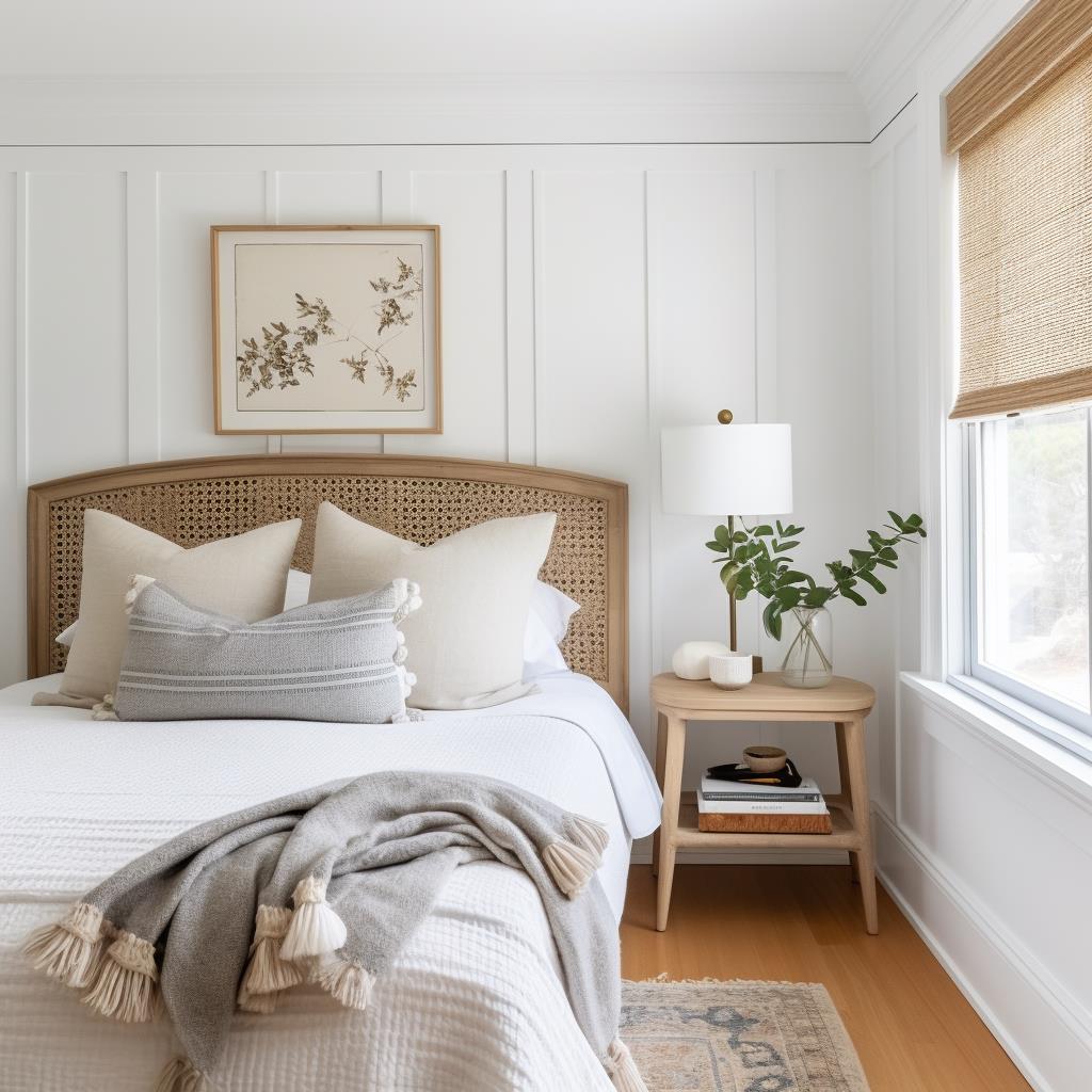 A cozy cottage primary bedroom with cane bed.