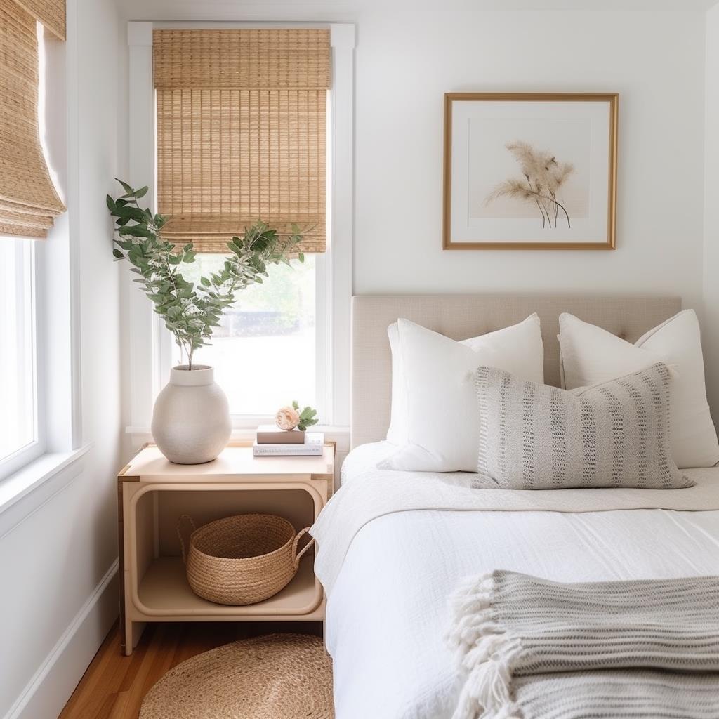 A cozy white guest bedroom.