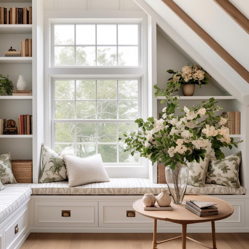 A cozy white reading nook.