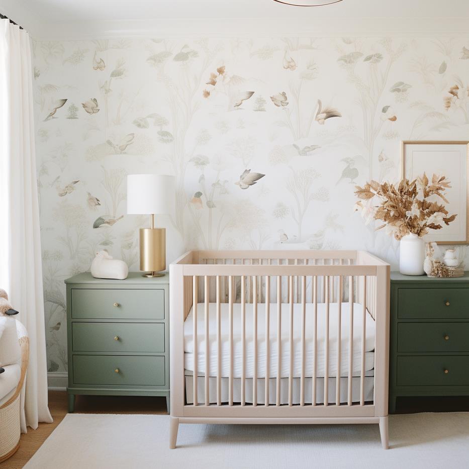 A gender-neutral baby nursery with wallpaper.