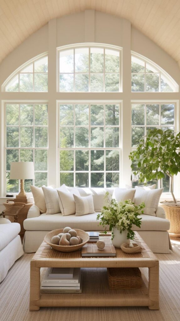 A grand cottage living room with large windows.