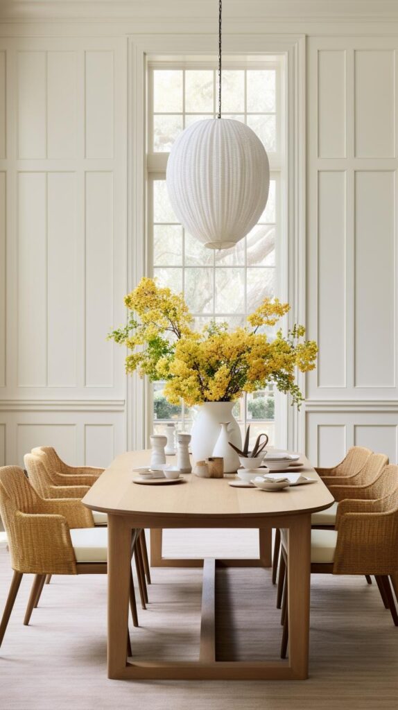 A grand modern farmhouse dining room with wicker chairs.