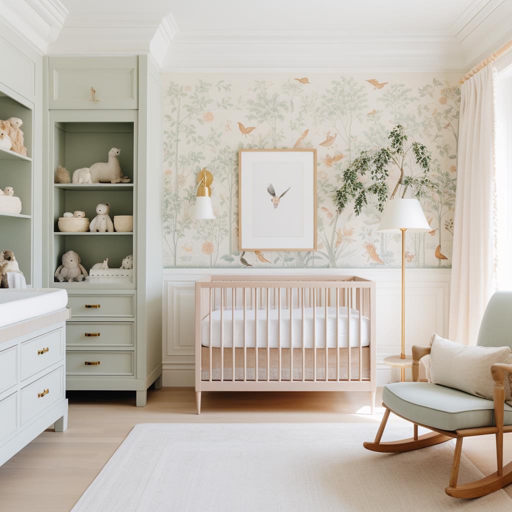 A green and white baby room nursery.
