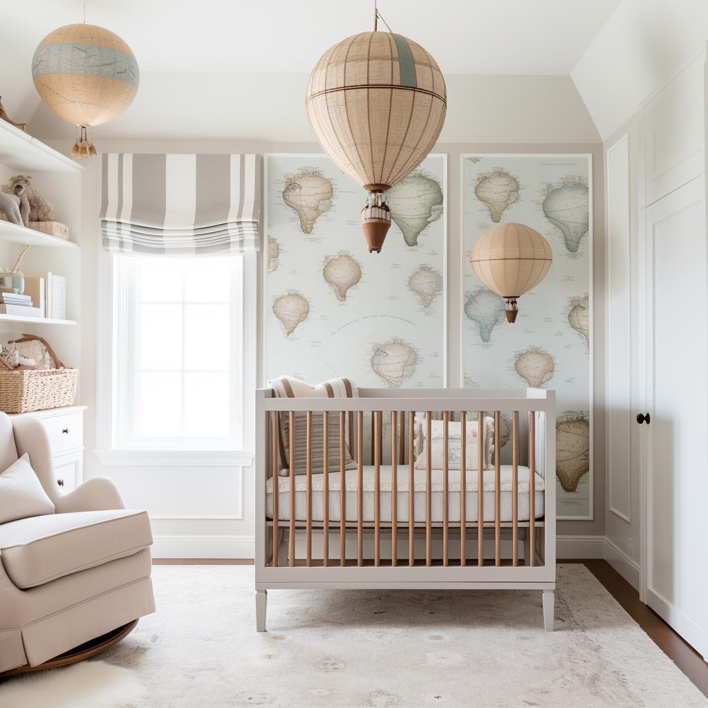 A hot air ballon baby nursery with crib.