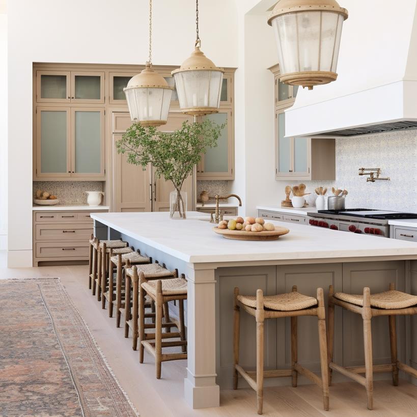 A large modern colonial kitchen with natural wood cabinets and kitchen island.