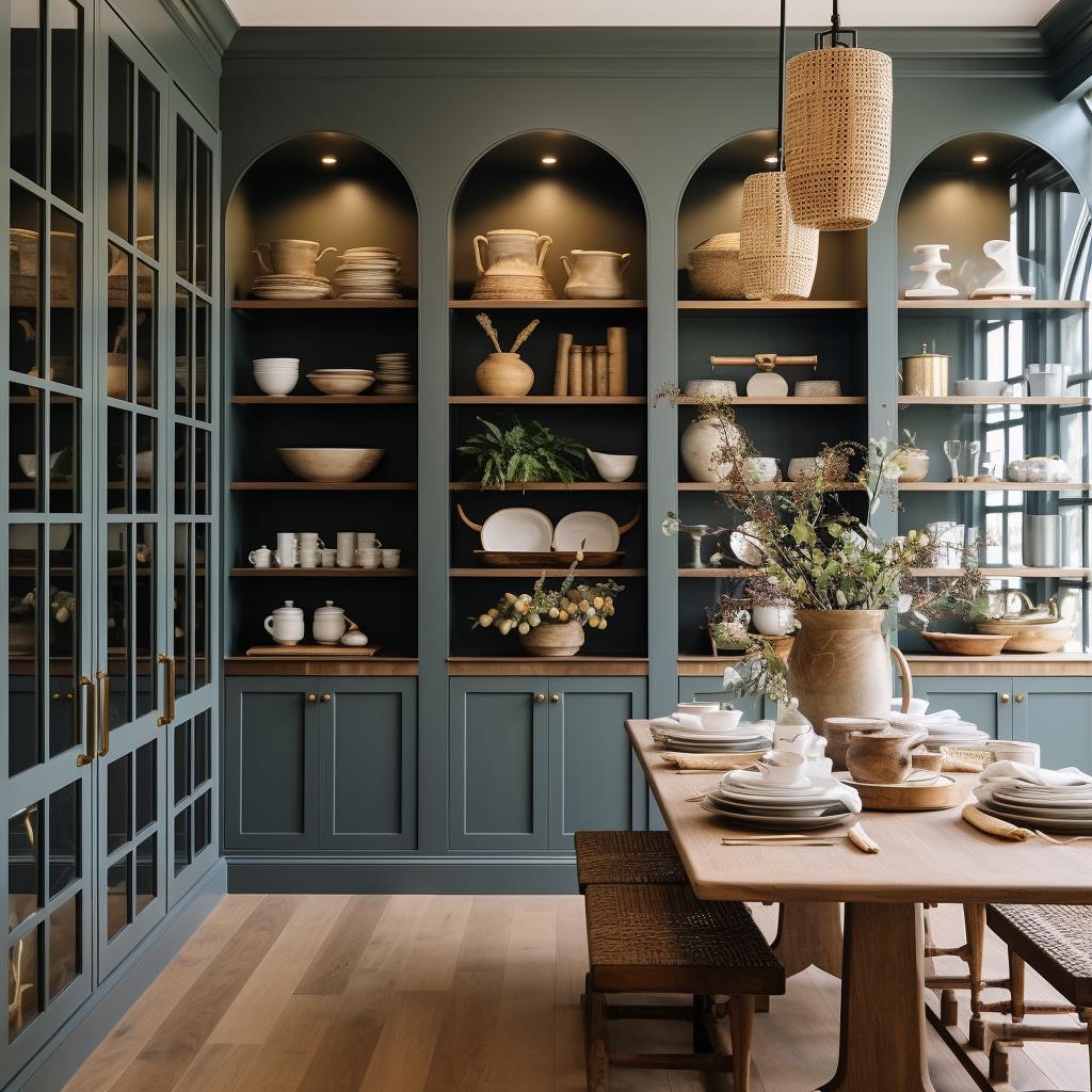 A large modern colonial teal pantry with eat-in table.