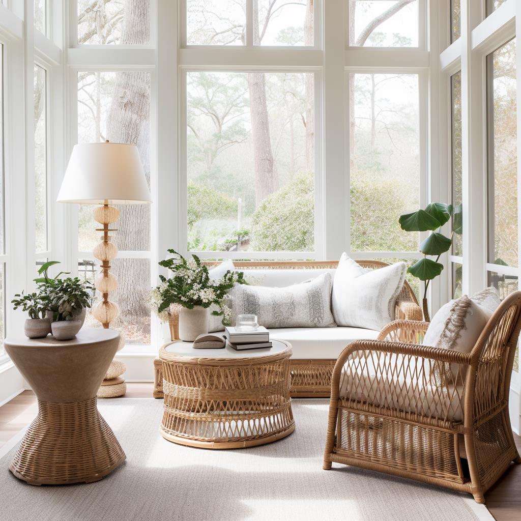 A light-filled sunroom with wicker furniture.