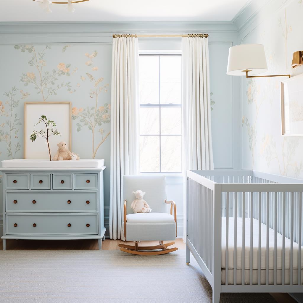 A luxury baby blue nursery with crib.