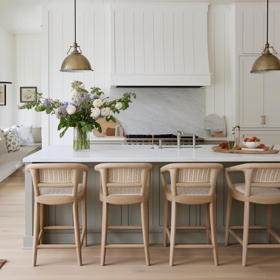 A luxury coastal cottage kitchen with white cabinets.