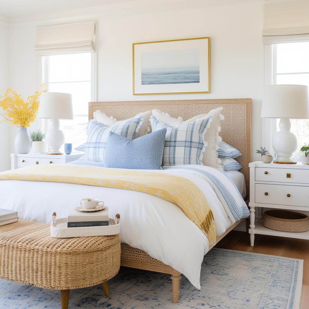 A luxury coastal master bedroom with blue and yellow hues.