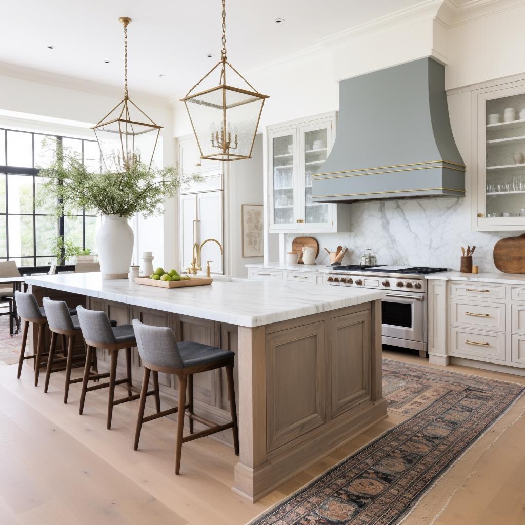 A luxury kitchen with cream cabinets and kitchen island.