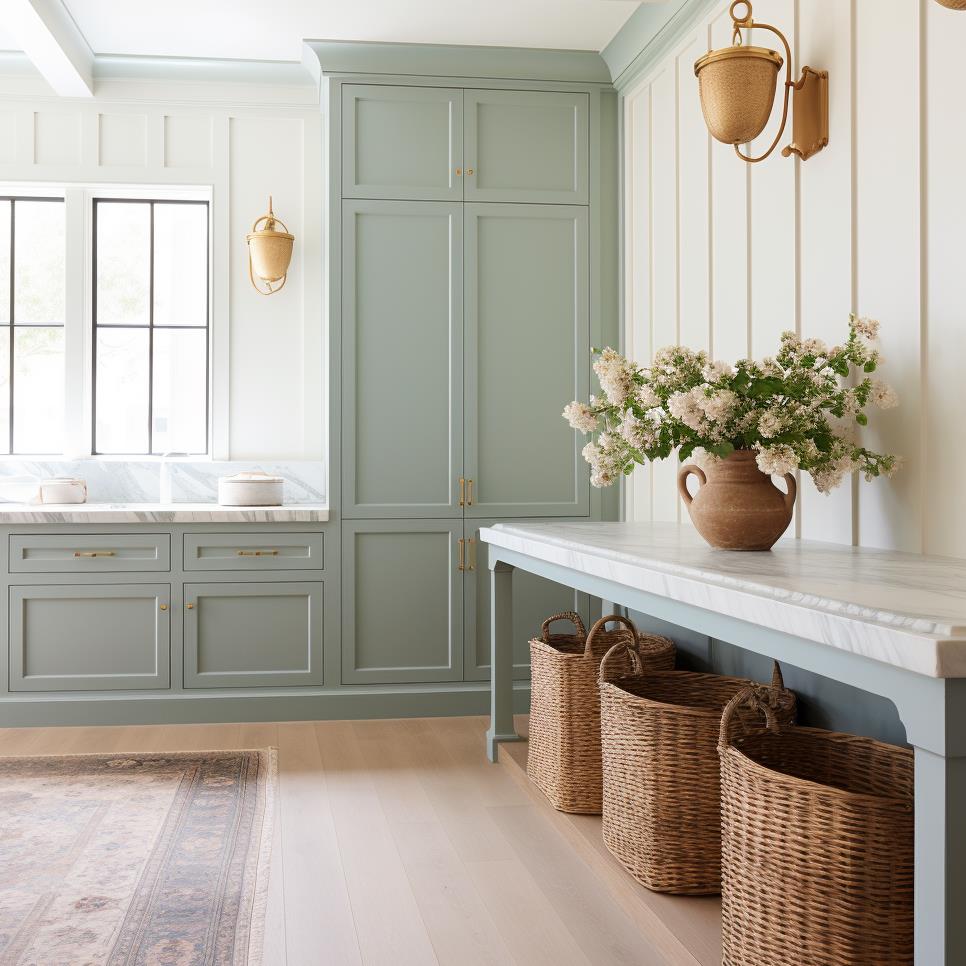 A luxury laundry room with mint cabinets.