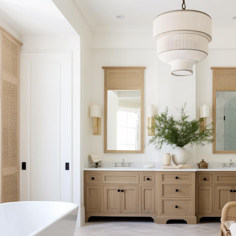 A luxury master bathroom with natural wood vanity.