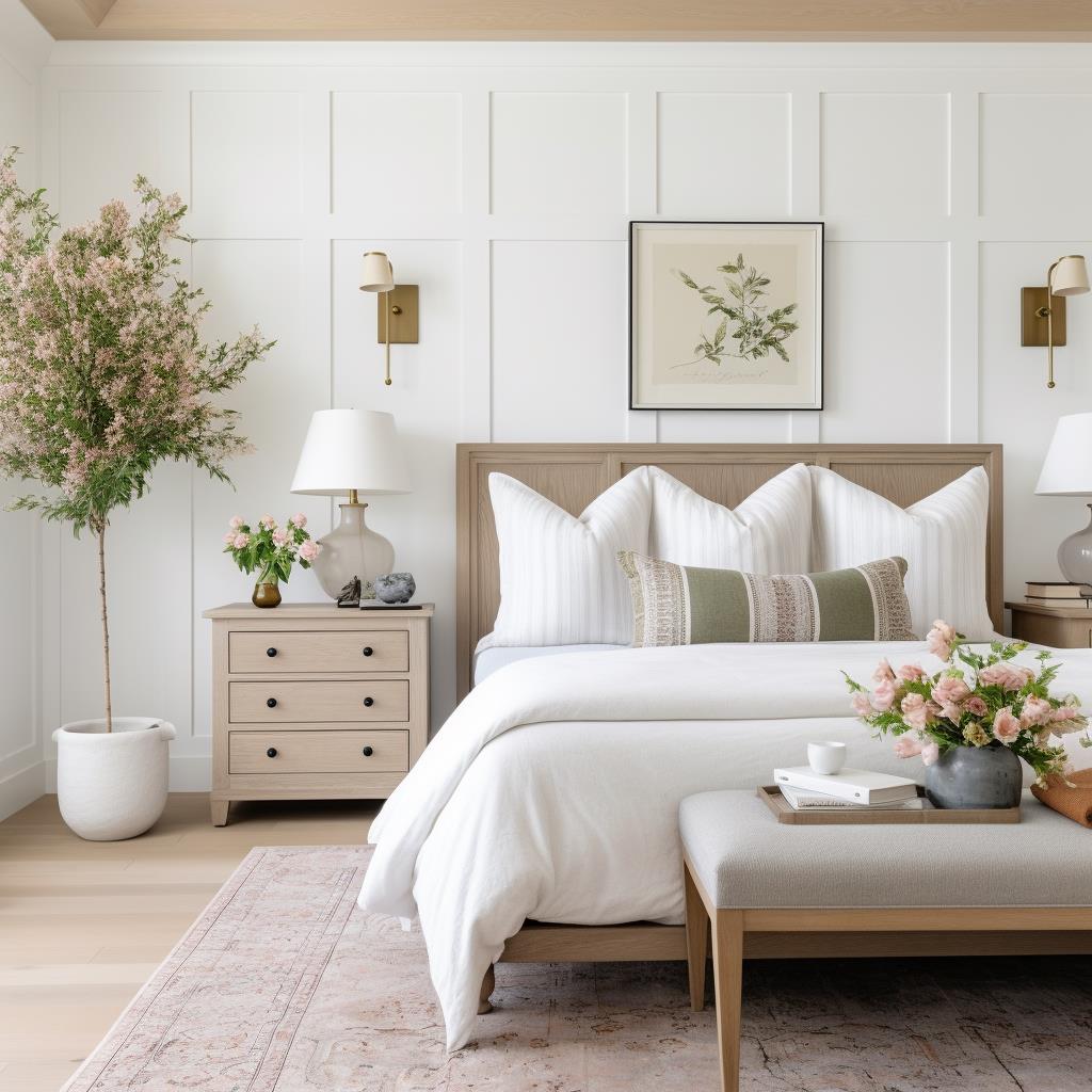 A luxury modern colonial master bedroom with whitewashed wood bed.