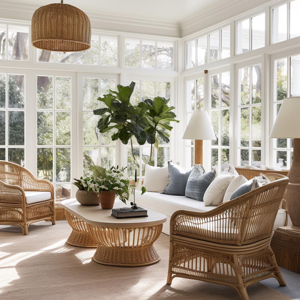 A luxury sunroom with wicker furniture.