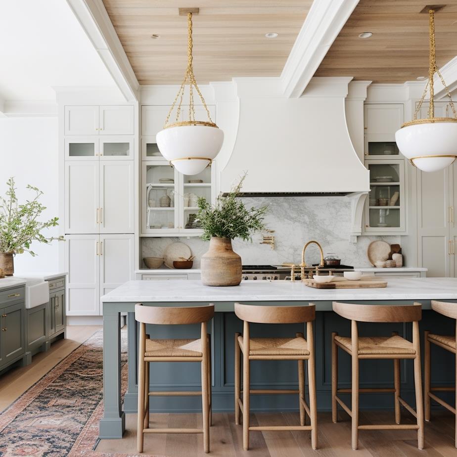 A luxury white and teal kitchen.