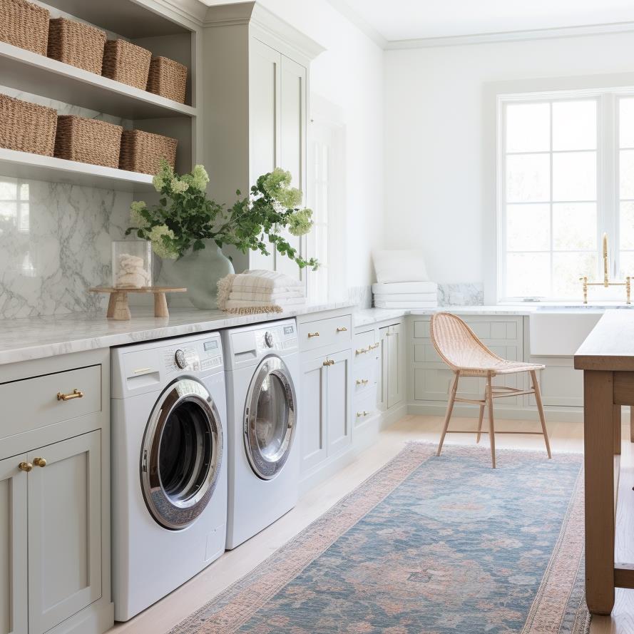 A modern colonial laundry room with fog white cabinets.