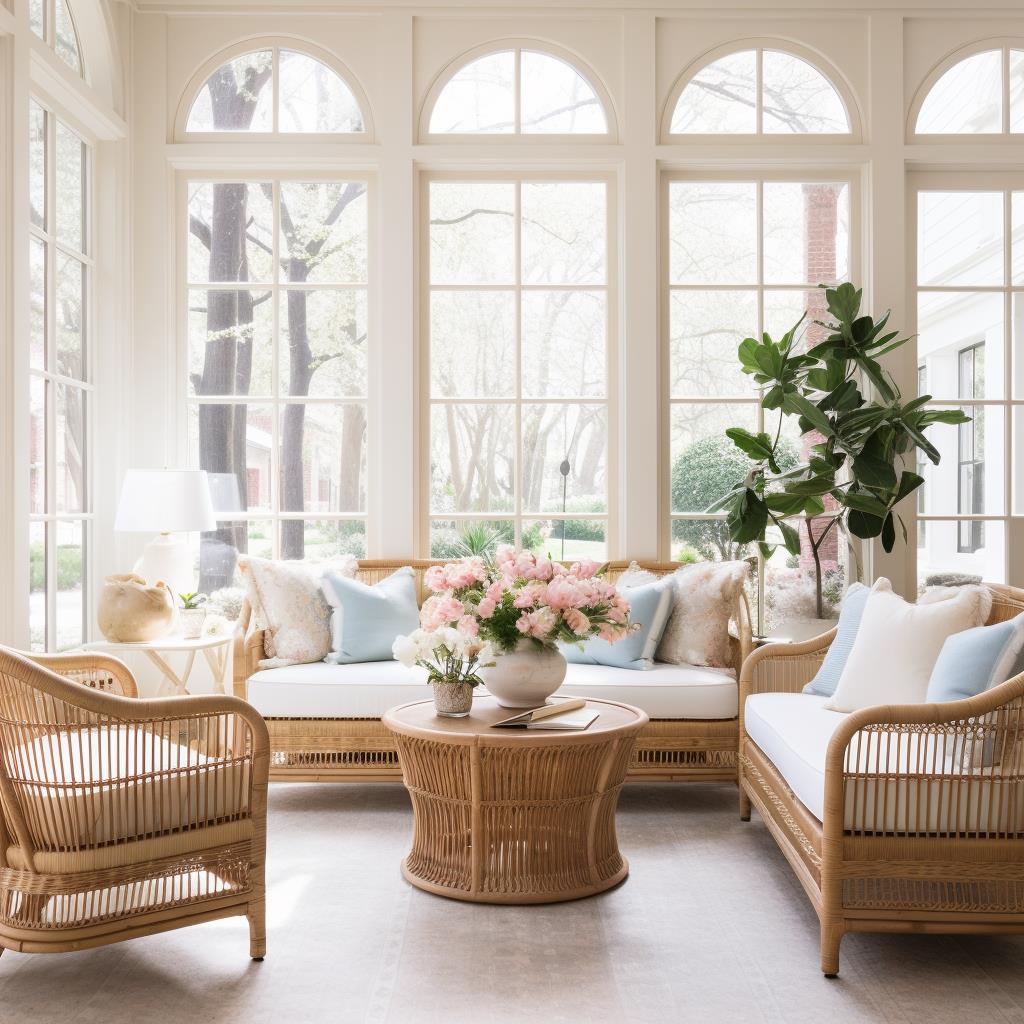 A modern colonial sunroom with wicker sofa and wicker chairs.