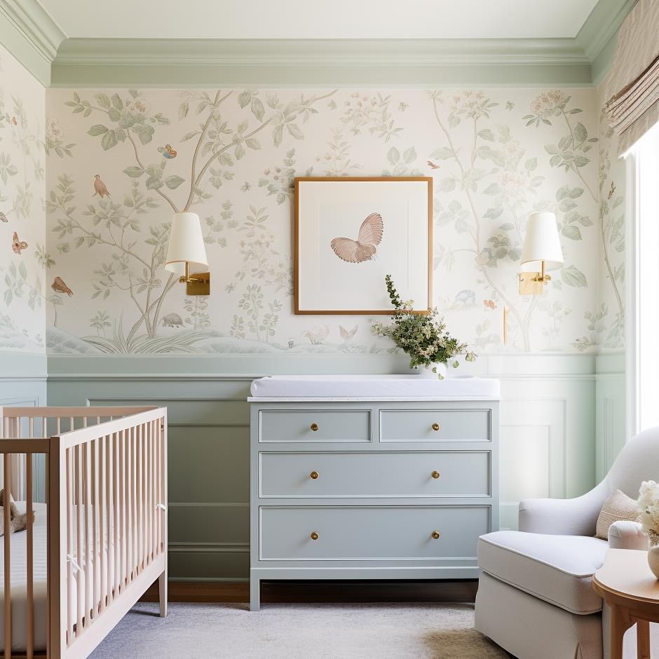 A green modern cottage baby nursery.