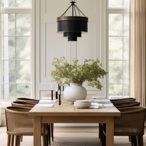 A modern farmhouse dining room with cane chairs.