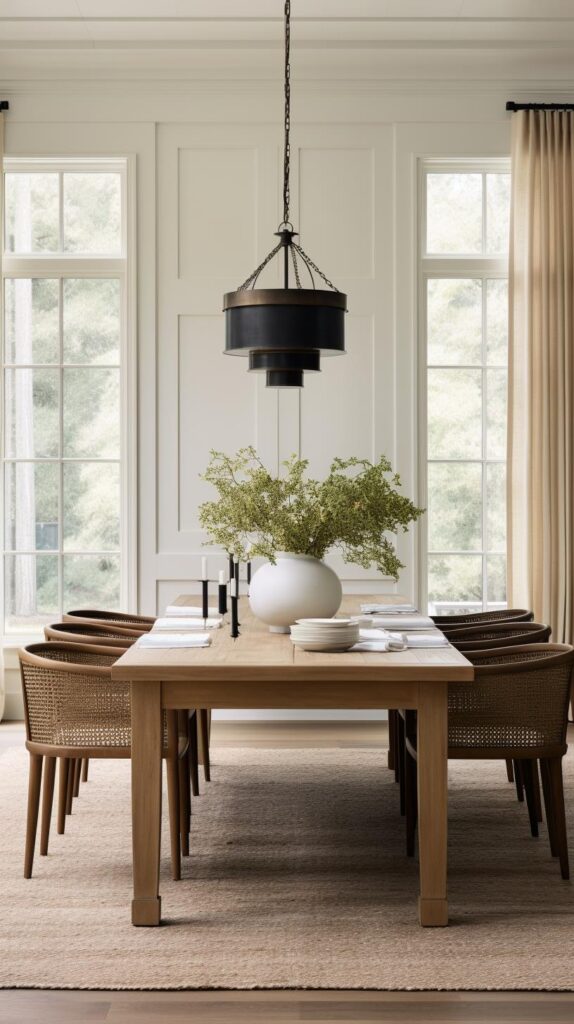 A modern farmhouse dining room with cane chairs.