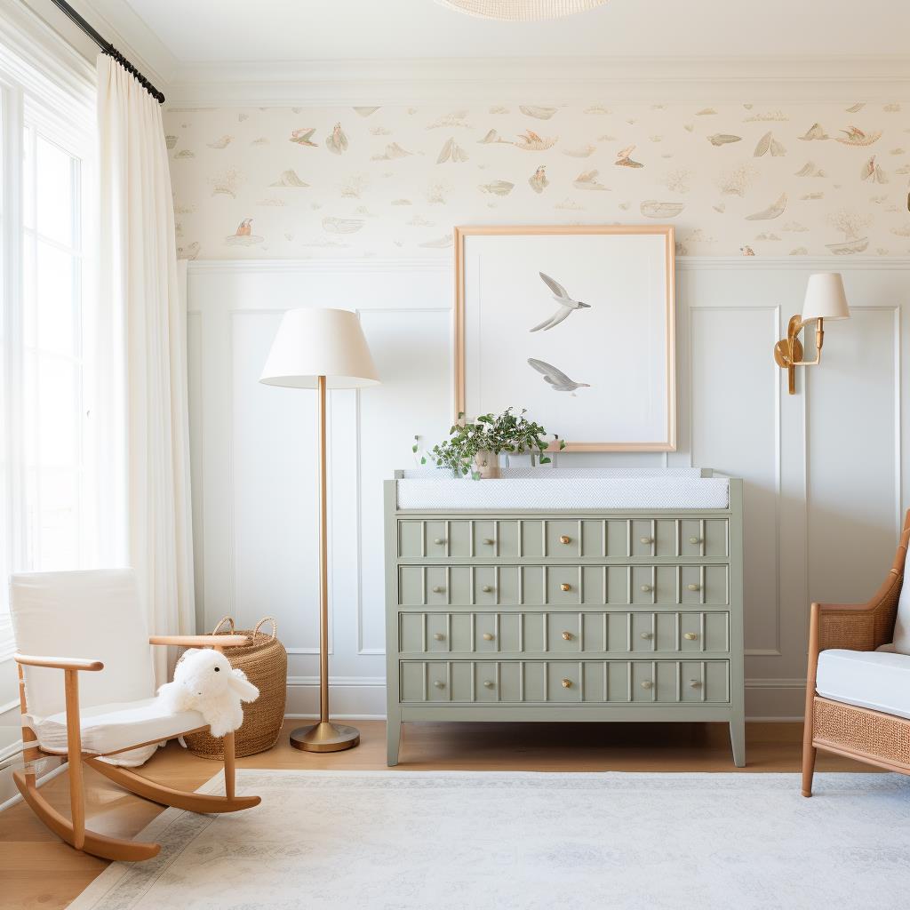 A neutral baby nursery with green dresser.