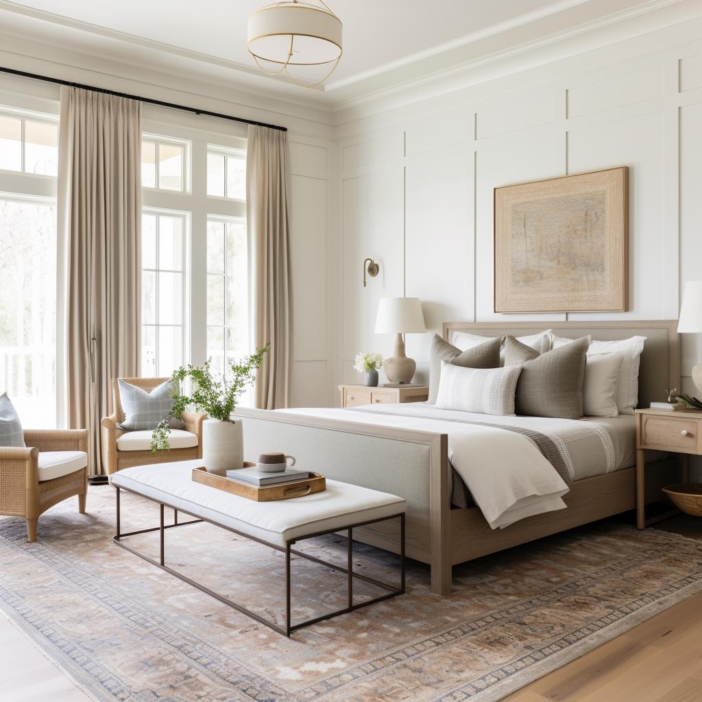 A neutral modern colonial master bedroom.