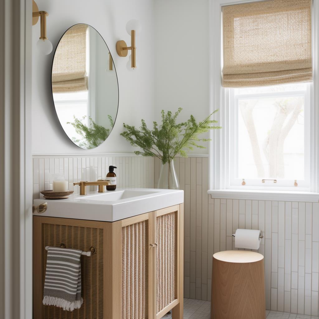 A small bathroom with natural wood vanity.