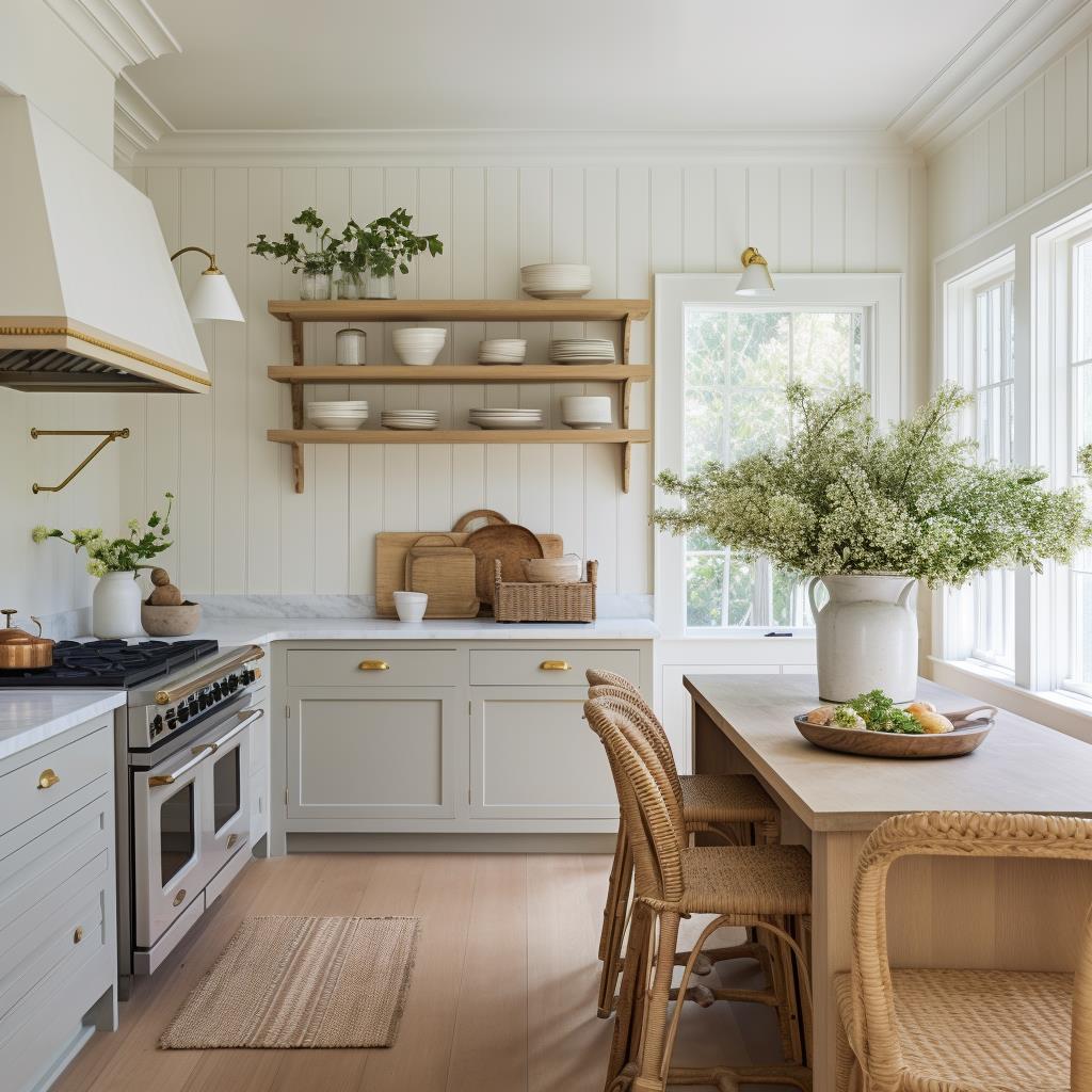 A small cottage eat-in kitchen with gray cabinets.