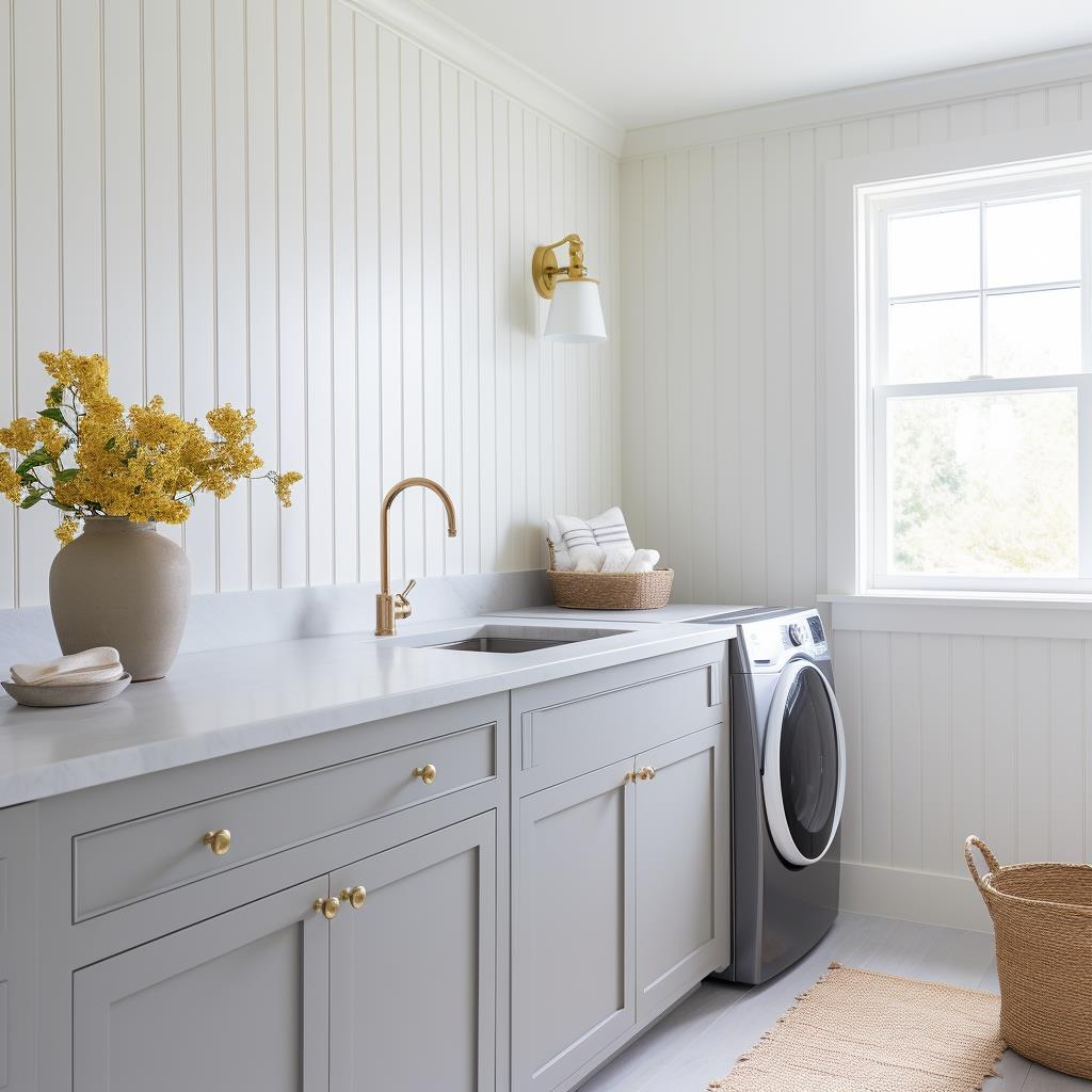 A small laundry room with gray cabinets.