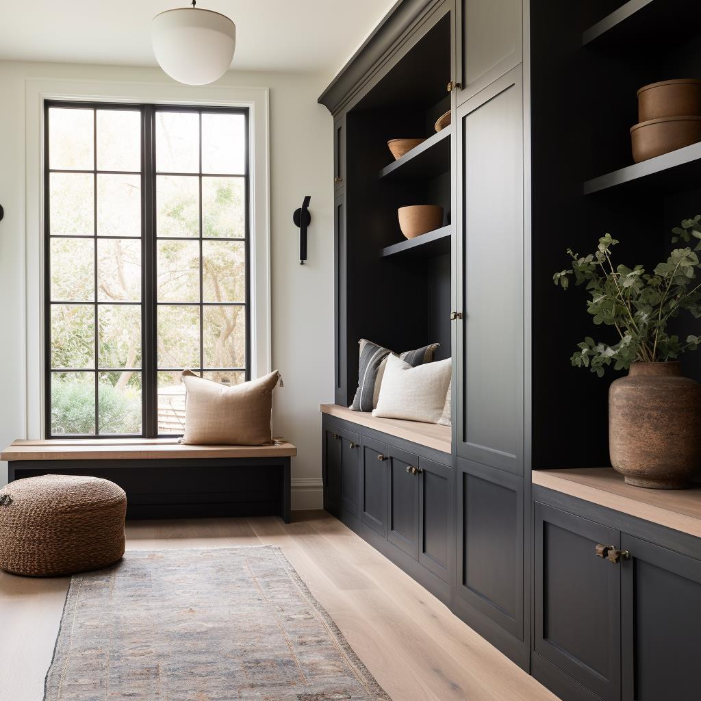 A white and black modern farmhouse mudroom.