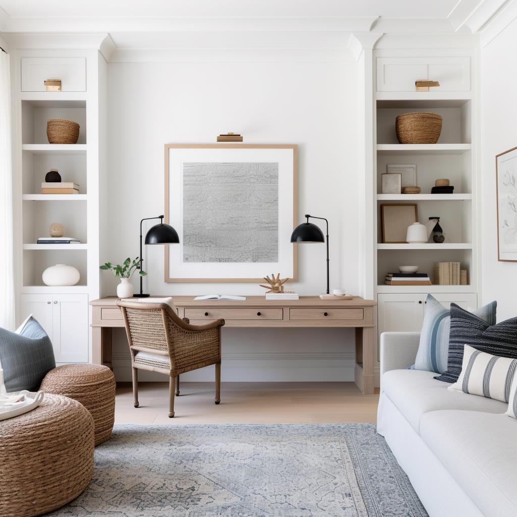 A white coastal family room with natural wood desk.