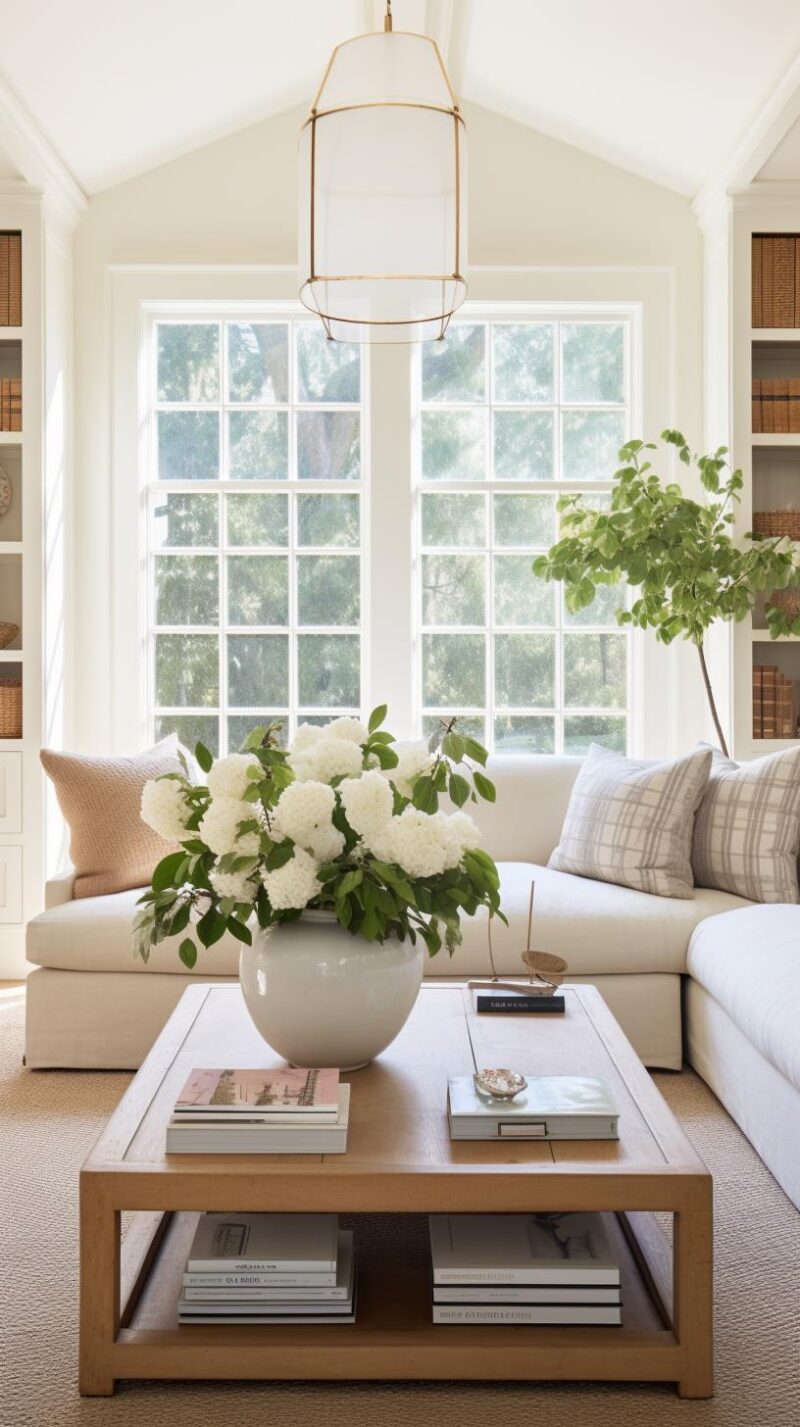 A white cottage living room with a white sectional.