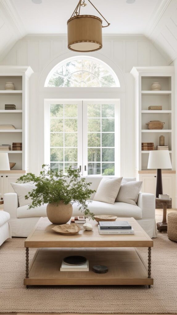 A white cottage living room with a white sofa and display cabinets.